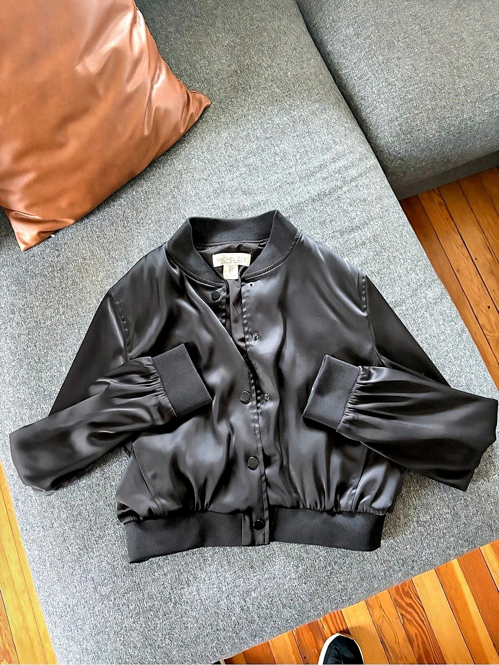 Rachel Zoe Black Satin Snap Front Bomber Jacket Black Small